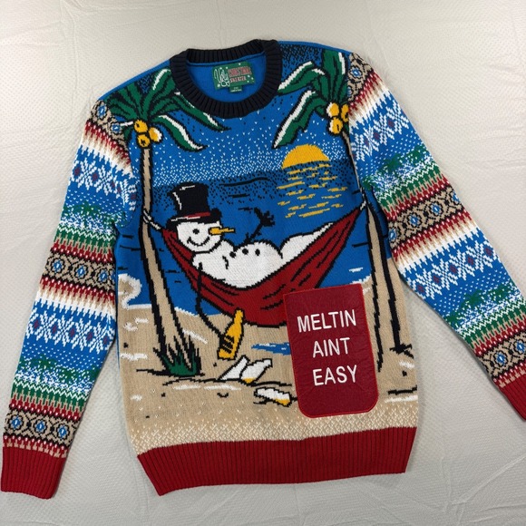 Ugly Christmas Sweater Sweaters - Ugly Christmas Sweater Mens Small Snowman Beach Meltin Aint Easy Tropical